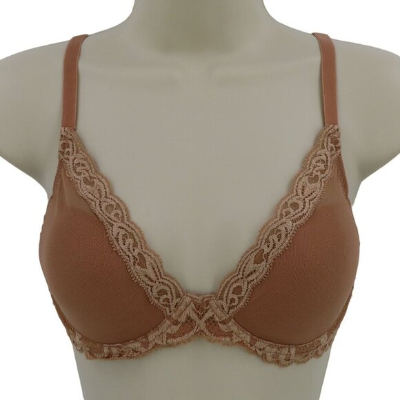 Natori 32D Bra 730023 Feathers Contour Plunge Beige Mesh Lace Trimmed Underwire - Picture 1 of 14